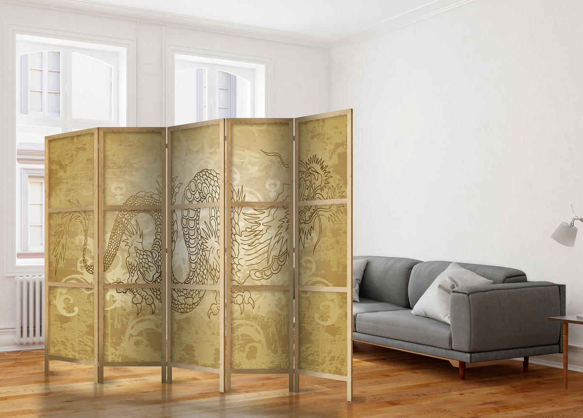 PARAVÁN Japonský 5-dielny 225x172 cm Japonský Drak - žltá, drevo/textil (225/172/3cm) - Muralo