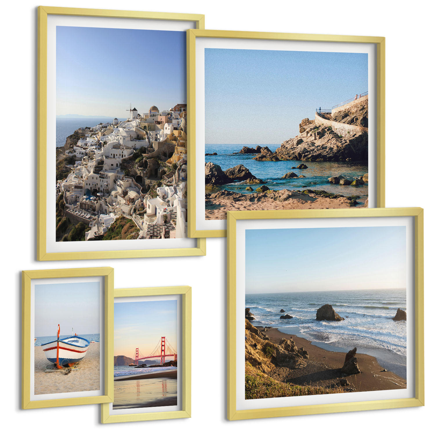 BILDER SET 5er Set - 50x50 cm & 20x30 cm & 40x60 cm Goldrahmen - Naturlandschaft der Bergseen - Goldfarben, Kunststoff (40/60cm) - TULUP
