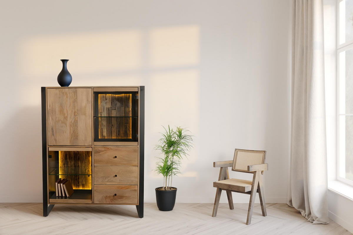 HIGHBOARD Liv Mangoholz Schwarz Matt 145x47x111cm - Schwarz, Holz (47/145/111cm) - DELUKE
