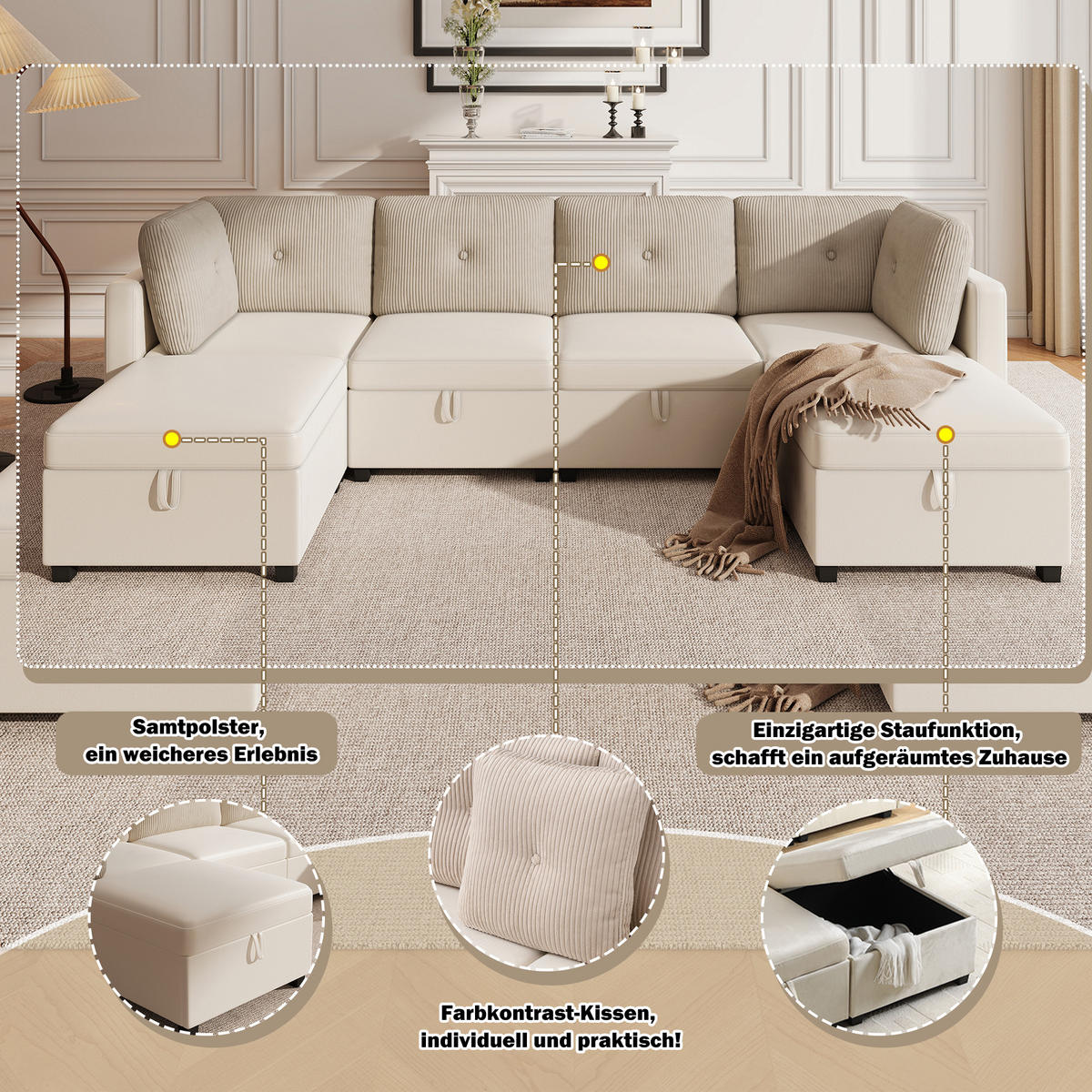 WOHNLANDSCHAFT Samt und Cord Beige mit Stauraum - Beige, Holzwerkstoff/Kunststoff (261/85/132.5cm) - WISHDOR
