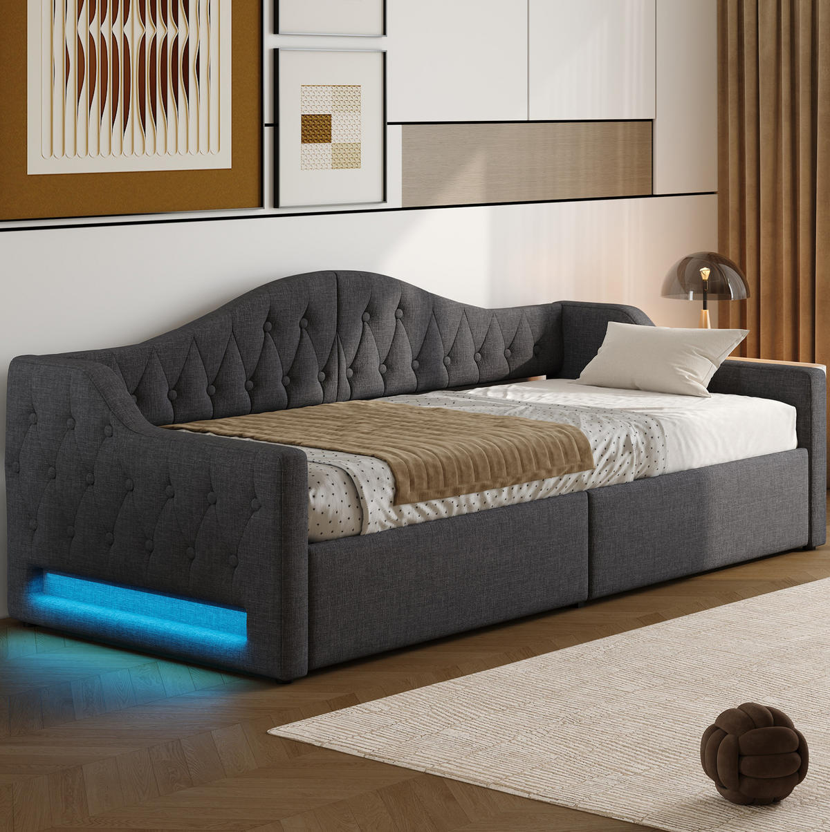 TAPECIRANI dnevni krevet 90/200 cm sivi od MDF-a i šperploče s LED rasvjetom i spremištem - siva, drvni materijal (90/200cm) - OKWISH