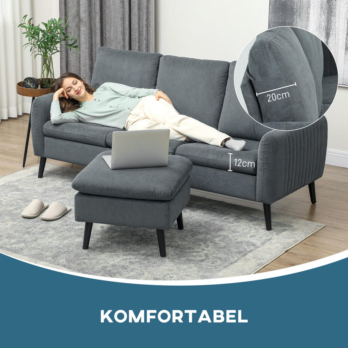 ECKSOFA mit Schlaffunktion Sofa mit Fußhocker, 3 Wurfkissen für Wohnzimmer - Dunkelgrau, Textil (140/196cm) - HOMCOM