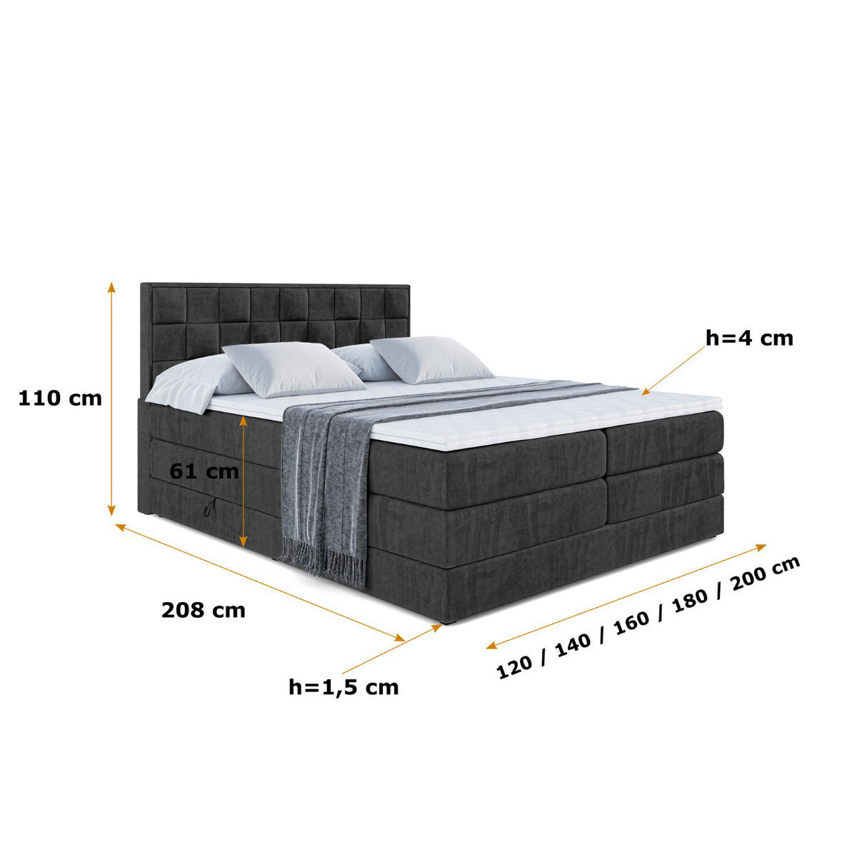 BOXSPRINGBETT ZAFIRA-BZ KING - 200 x 200 - H3/H4 - Schwarz - Schwarz, Holzwerkstoff (200/200cm) - ALTDECOR