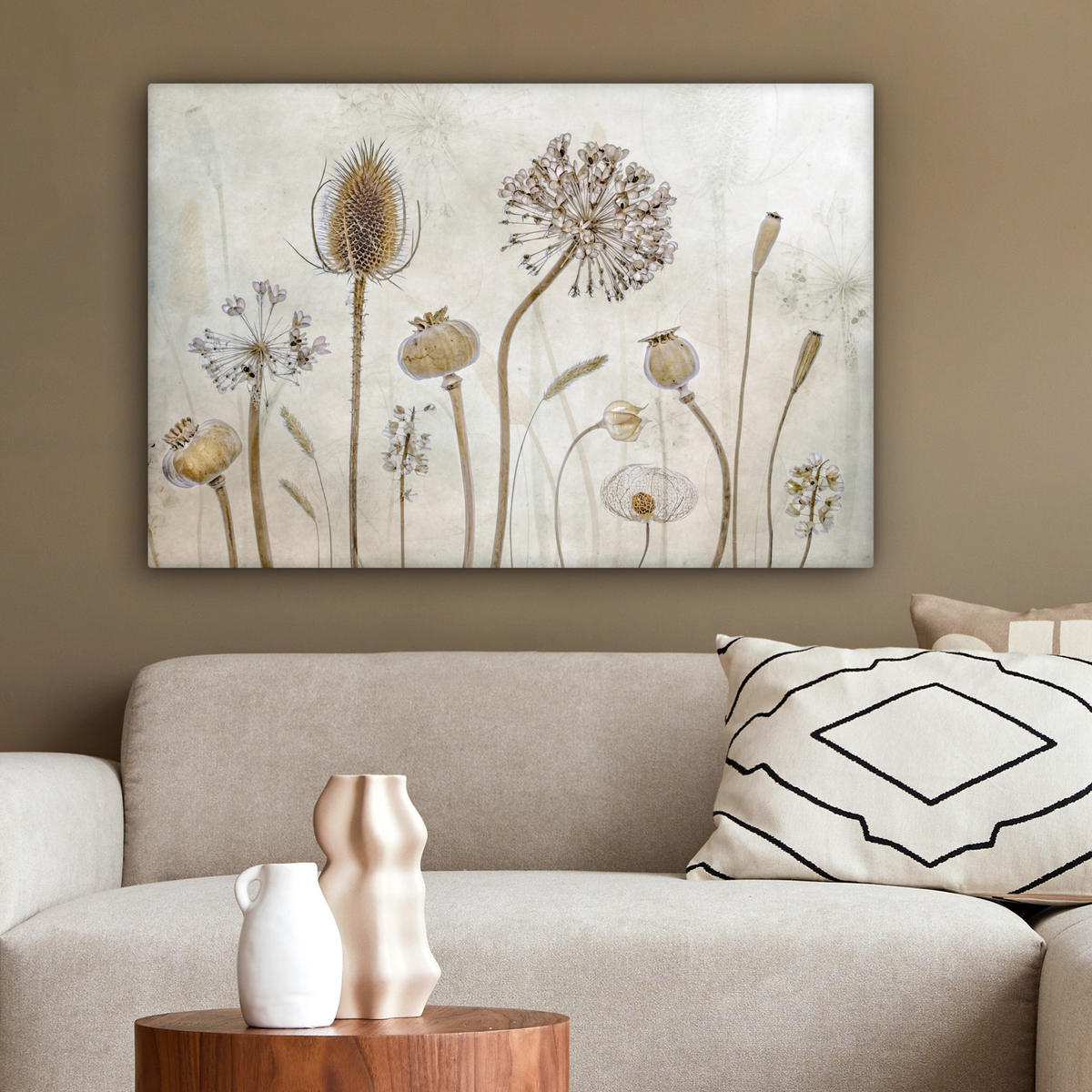 LEINWANDBILD Blumen - Aquarell - Stilleben - Braun - Vintage Wanddeko 90x60 cm - Beige, Textil (90/60cm) - MuchoWow