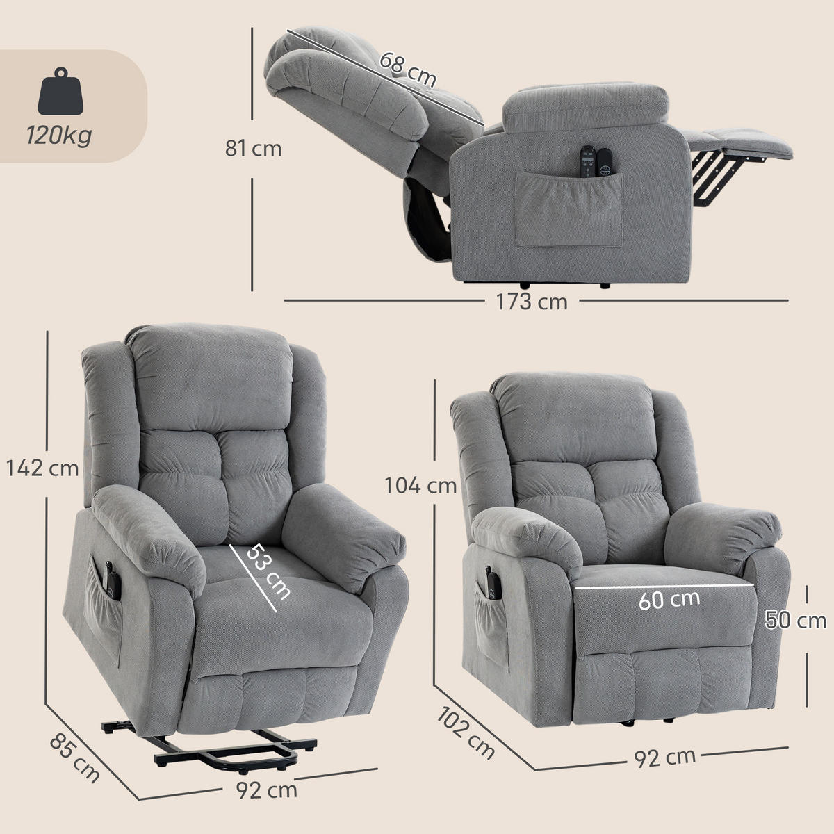 FERNSEHSESSEL mit Aufstehhilfe Polyester, Stahl Hellgrau - Hellgrau/Schwarz, Textil/Metall (92/104/102cm) - HOMCOM
