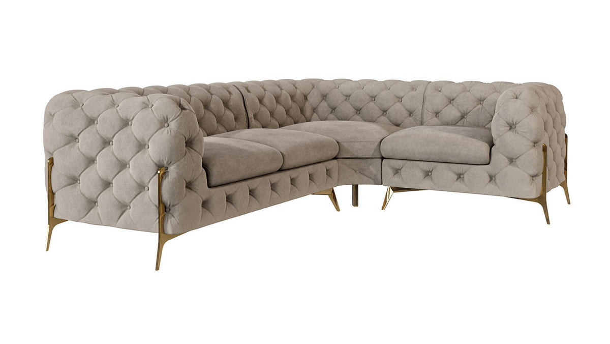 ECKSOFA Chesterfield Lexi Dunkle Creme Samt, Ottomane rechts - Goldfarben/Creme, Holz/Textil (264/204cm) - S-Style Möbel