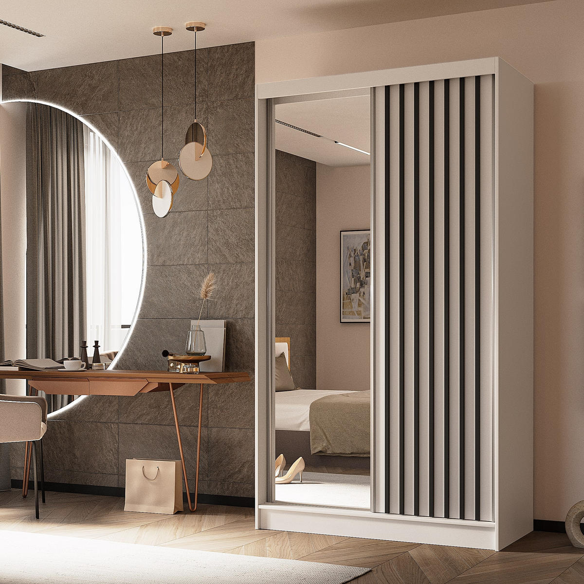 SCHWEBETÜRENSCHRANK LAMELLO 120/216/61 cm 2-türig mit Spiegel Weiß - Weiß, Holzwerkstoff (120/216/61cm) - MASSENO