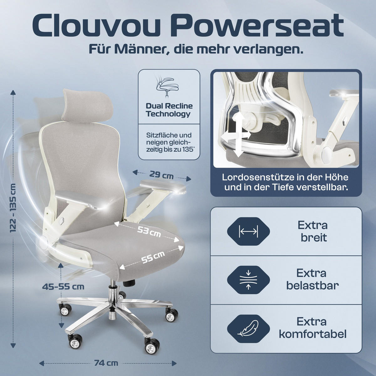 BÜROSTUHL PowerSeat Creme-Weiß - Beige/Silberfarben, Kunststoff/Textil (74/135/74cm) - Clouvou