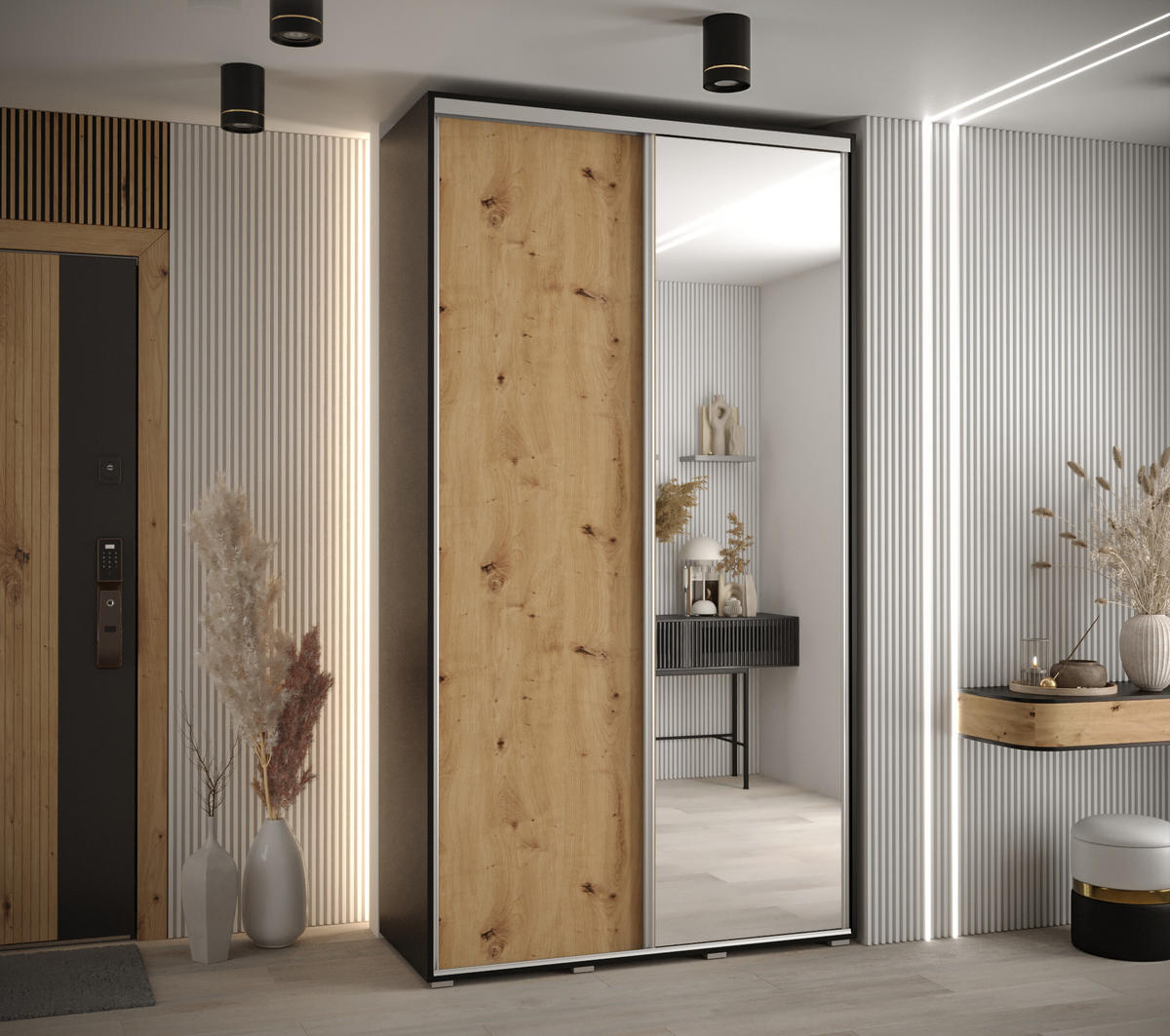 SCHWEBETÜRENSCHRANK 235,2/140/45 2-türig - Silberfarben/Schwarz, Holz/Metall (140/235/45cm) - Abiks Möbel