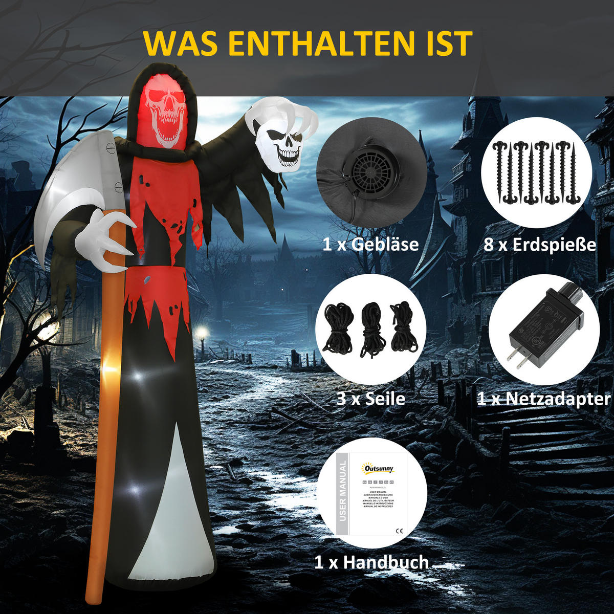 HALLOWEEN-DEKORATION 3,7 m riesiger Sensenmann mit LED-Beleuchtung für Outdoor - Schwarz, Textil (115/370/205cm) - Outsunny