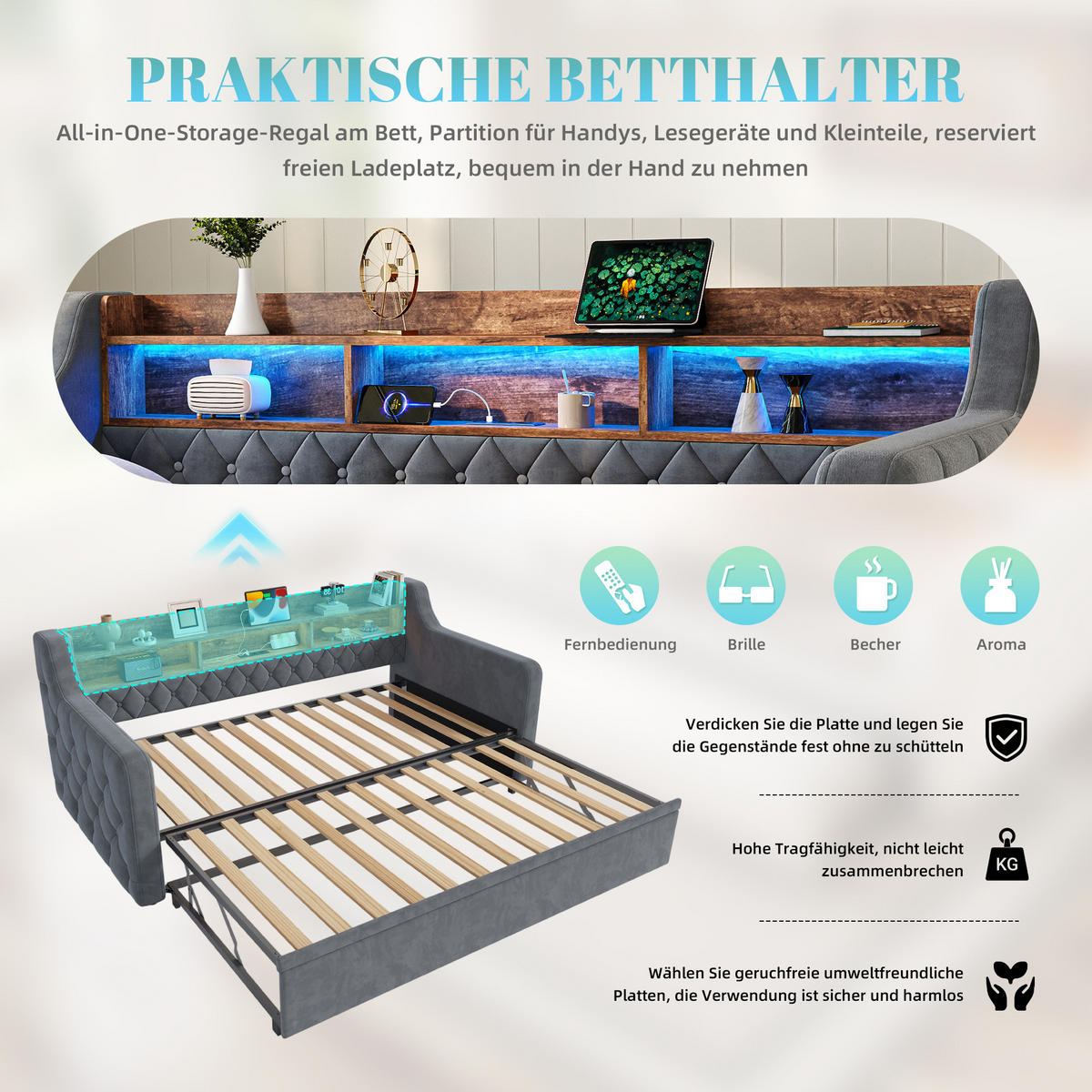 SCHLAFSOFA Dunkelgrau aus Samt mit Ausziehbett, Stauraumkopfteil, LED und USB-Ladeanschlüssen - Dunkelgrau, Textil (107/80/201cm) - Luhomfu