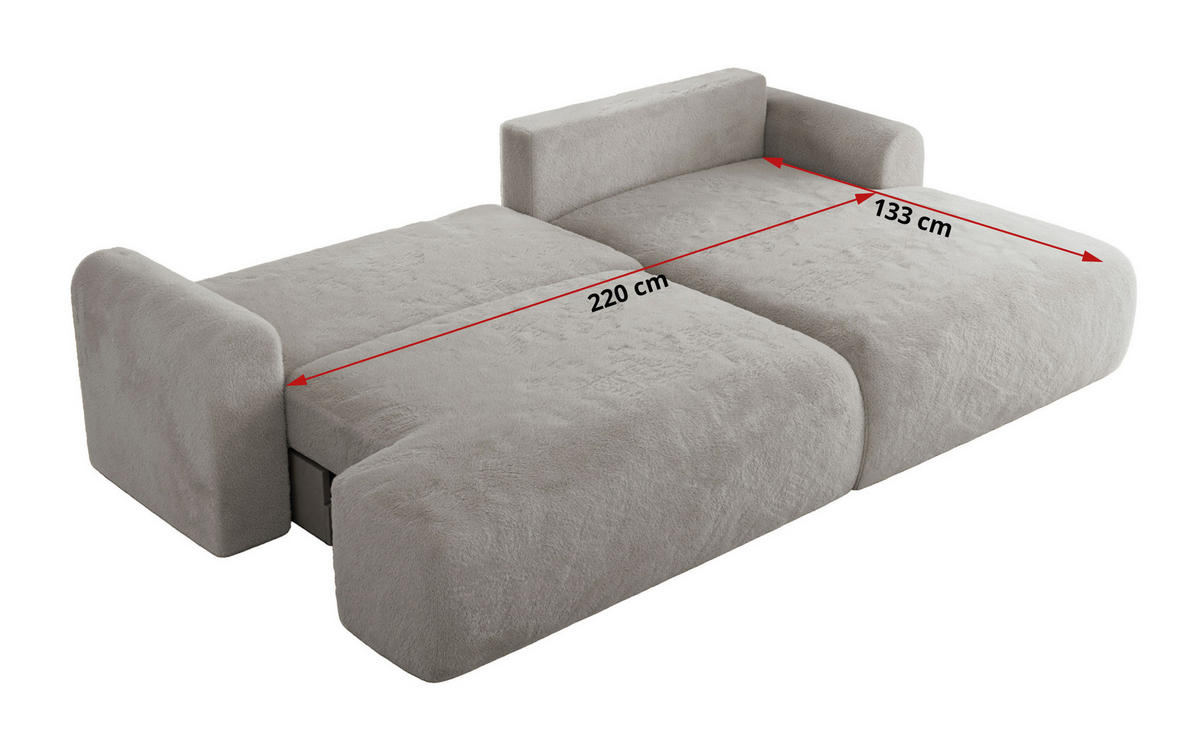 ECKSCHLAFSOFA TONO L Hellgrau Plüsch - links - Hellgrau/Schwarz, Kunststoff/Textil (260/150cm) - MKS