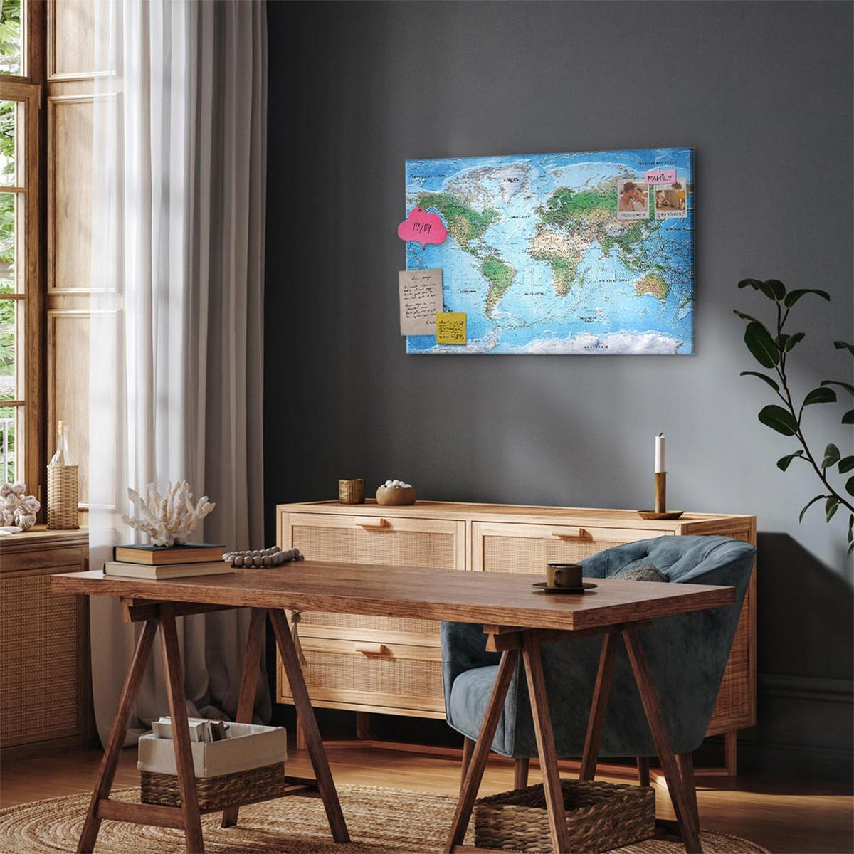 PINNWANDTAFEL 90/60 cm DEUTSCHE WELTKARTE zum Pinnen - Inklusive Pinnnadeln und Aufhängern - Dunkelblau, Holz (90/60cm) - artgeist