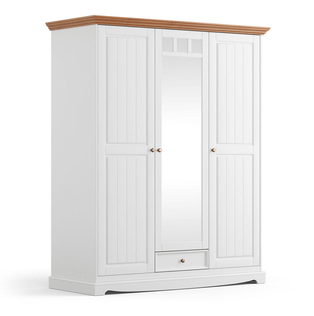 KLEIDERSCHRANK Belluno Elegante Kiefer weiß (RAL9010) lackiert / Kiefer gebeizt, Eichefarben 155 / 64 / 190cm - Eichefarben/Weiß, Holz/Metall (155/190/64cm) - Feldmann-Wohnen
