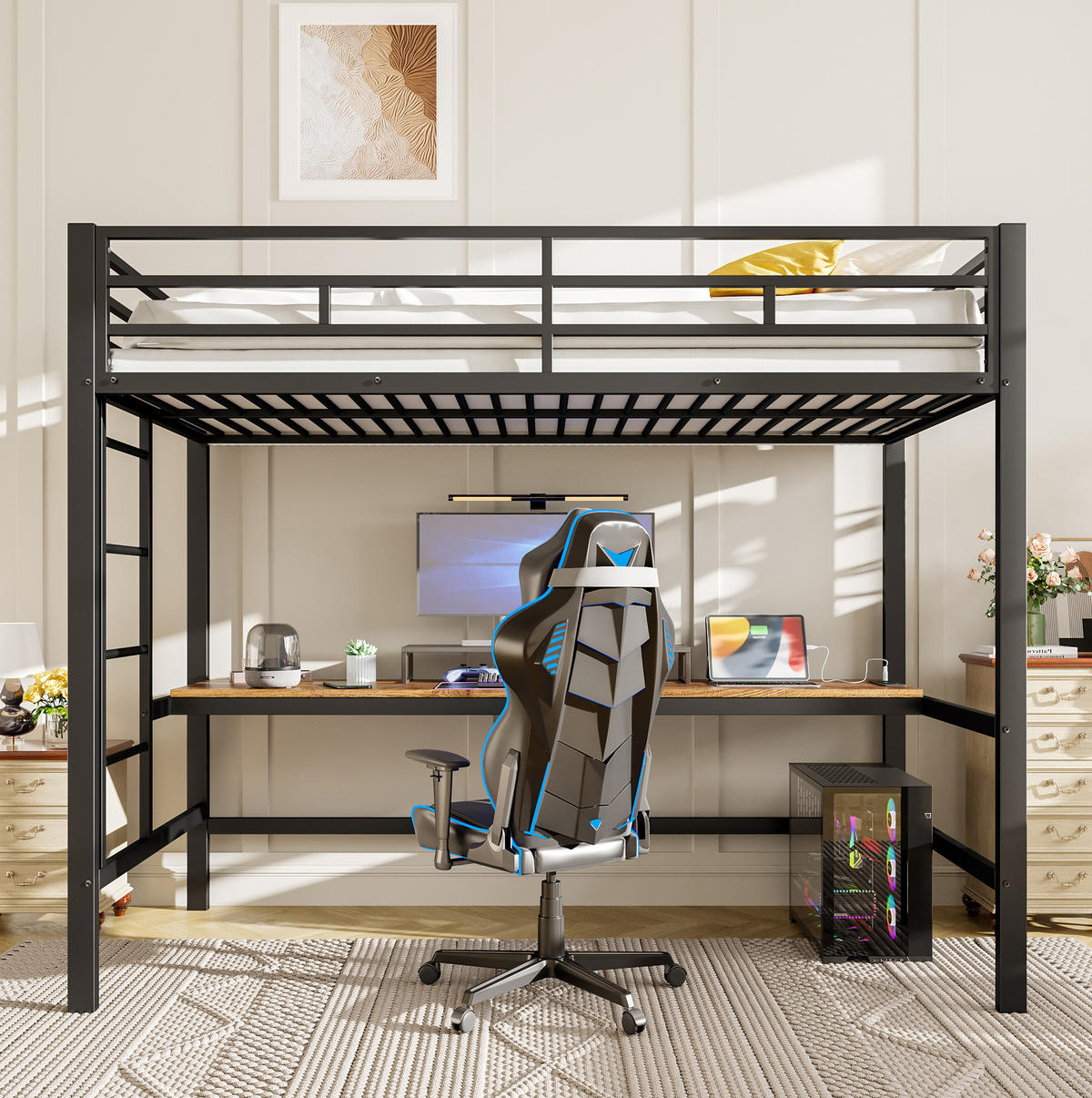 VYSOKÁ postel 90/200 cm černá s psacím stolem LED osvětlením a nabíjením z kovu a MDF - černá, kov (90/200cm) - OKWISH