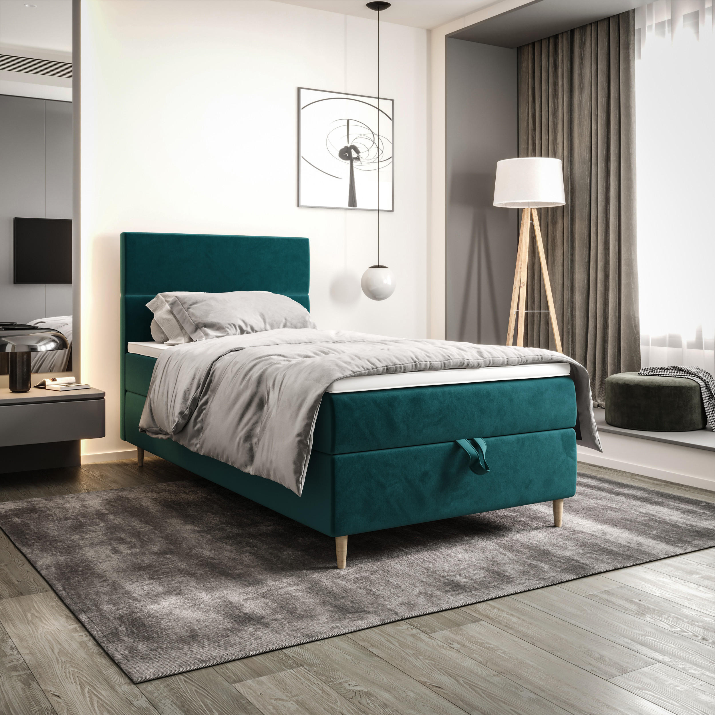 BOXBETT FLO 120x200 Itaka 39, mit Matratze H3, Bonell und Topper, Türkis - Türkis, Holz/Textil (120/200cm) - Bedante