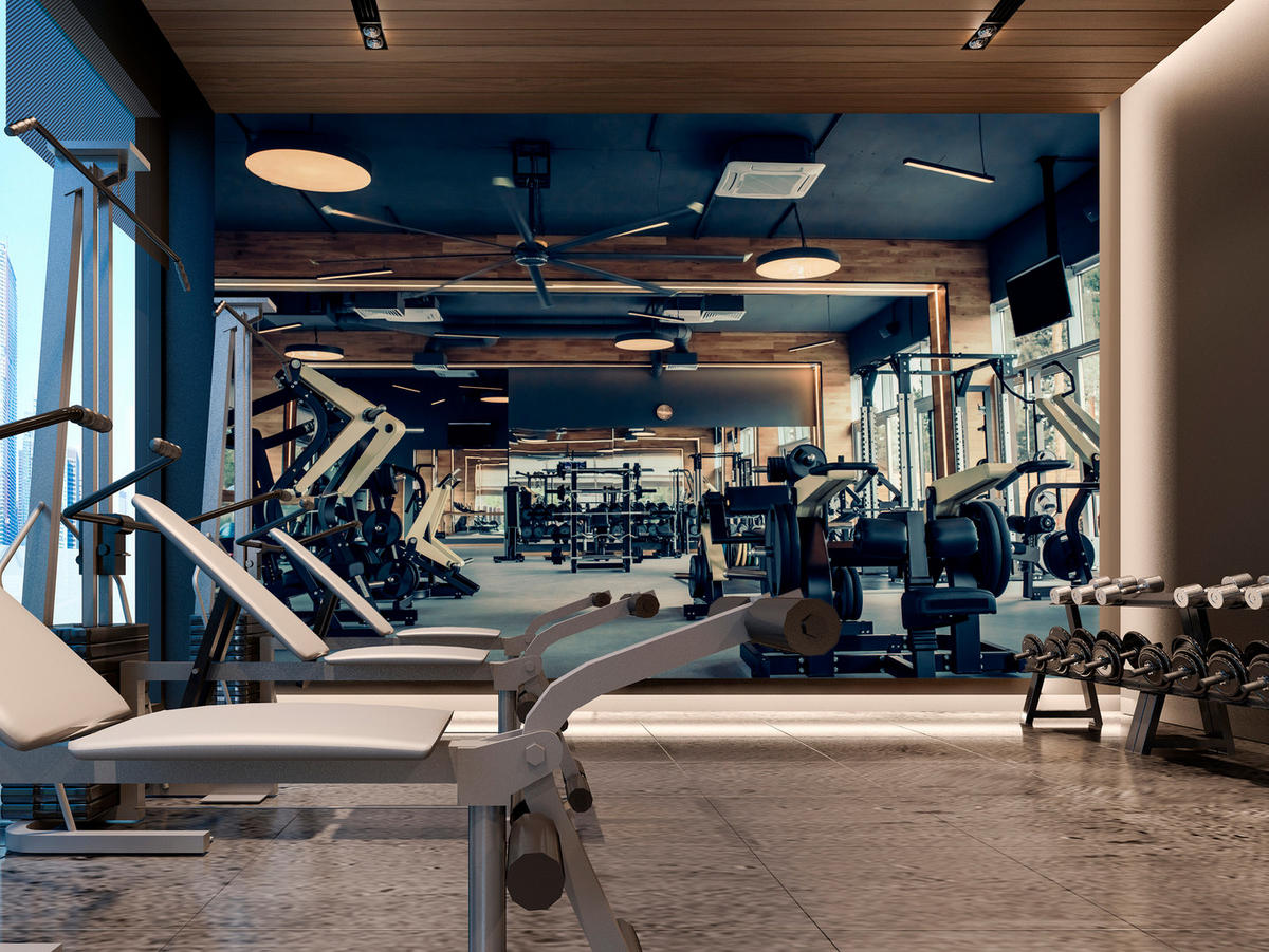 FOTOTAPETE Modernes Fitnessstudio Trainingsgeräte Sport 300x210 - Schwarz/Braun, Papier (300/210cm) - Muralo