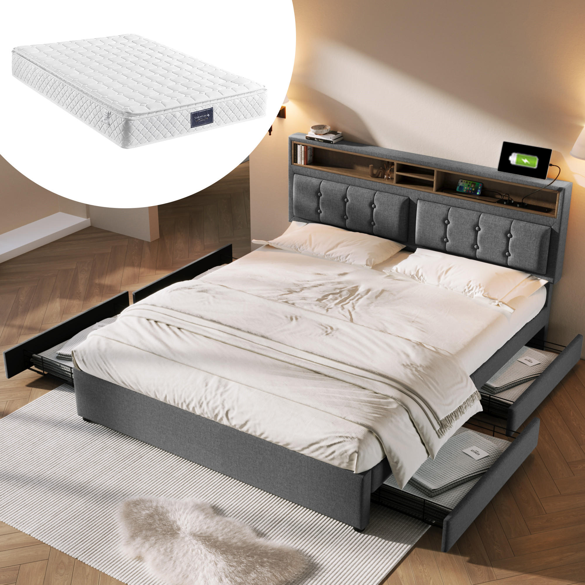 POLSTERBETT 140/200 cm mit Matratze, USB-C, Steckdosen, 4 Schubladen und verstellbarem Kopfteil, Grau - Grau, Textil - Redom