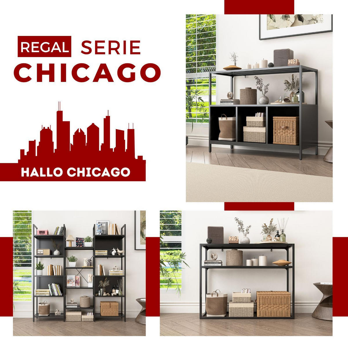 SIDEBOARD CHICAGO Metall offene Fächer 110/43/88 cm - Schwarz, Metall (43/88/110cm) - Coemo