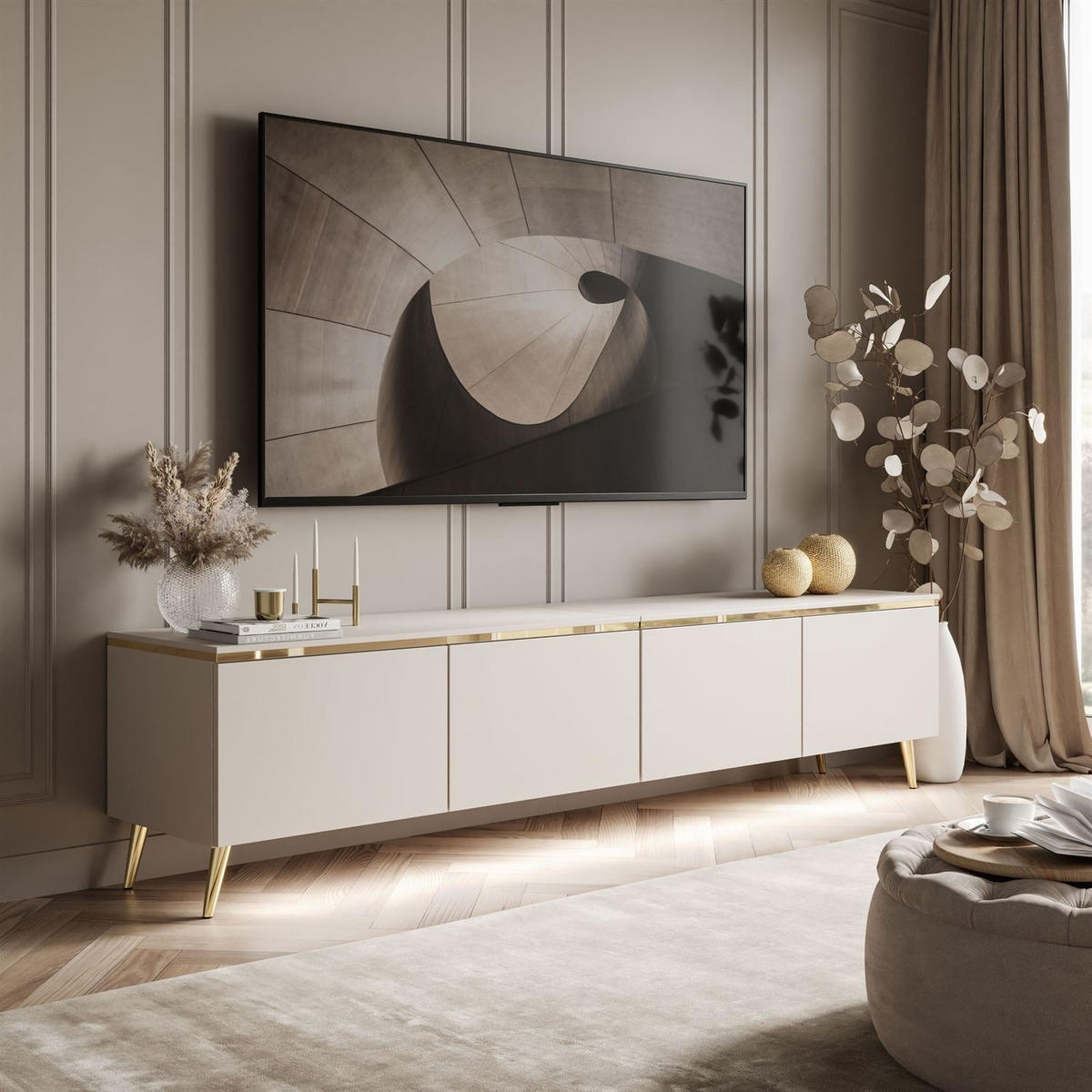 LOWBOARD TV-Schrank CELINE KASCHMIR 200 cm auf schrägen goldenen Chrom-Beinen - Kaschmir/Goldfarben, Holzwerkstoff/Metall (200/48/40cm) - Lookway