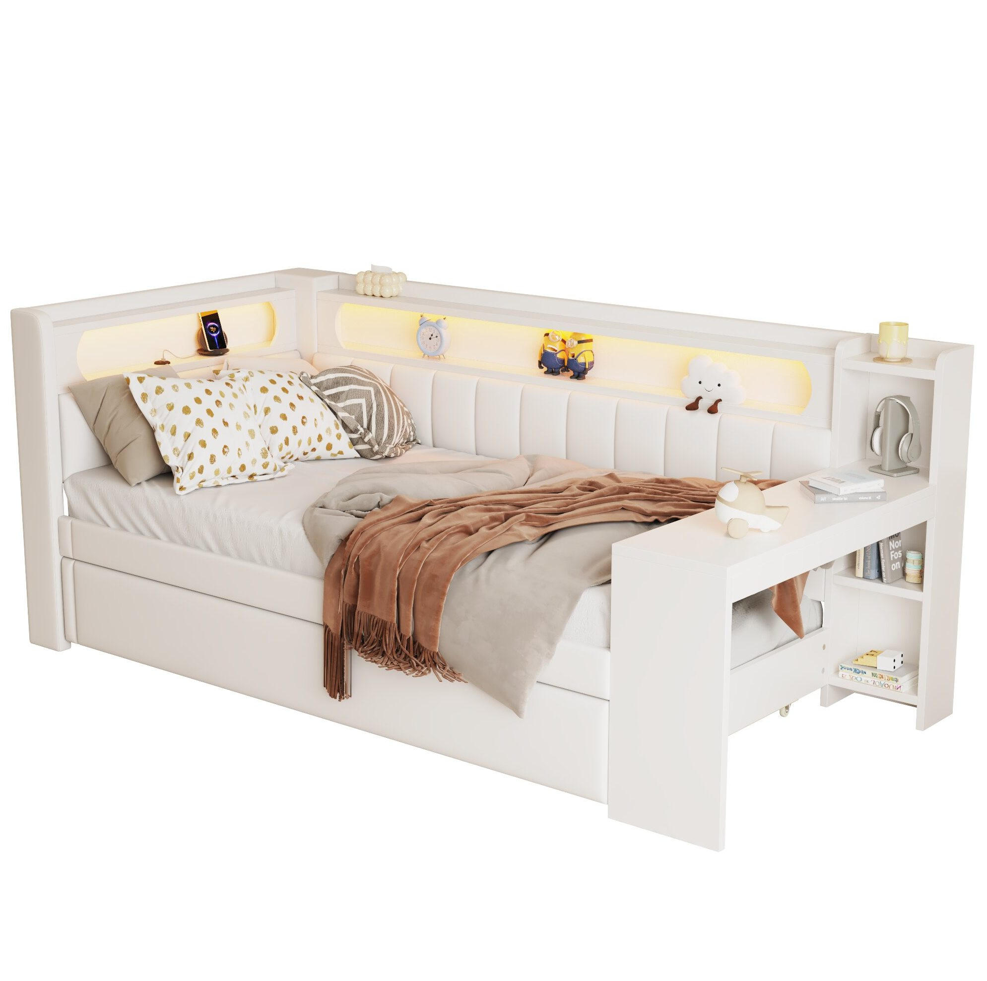 POLSTERBETT aus MDF, Sperrholz und Leinen 90x200 cm Weiß mit LED-Beleuchtung, USB-Anschluss, Ausziehbett und Schreibtisch - Weiß, Holzwerkstoff (90/200cm) - Modfu