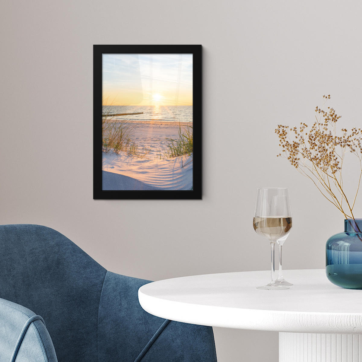 GERAHMTES BILD Strand - Sonne - Düne - Gras - Sand - Horizont 20x30 cm - Hellblau, Papier (20/30cm) - MuchoWow