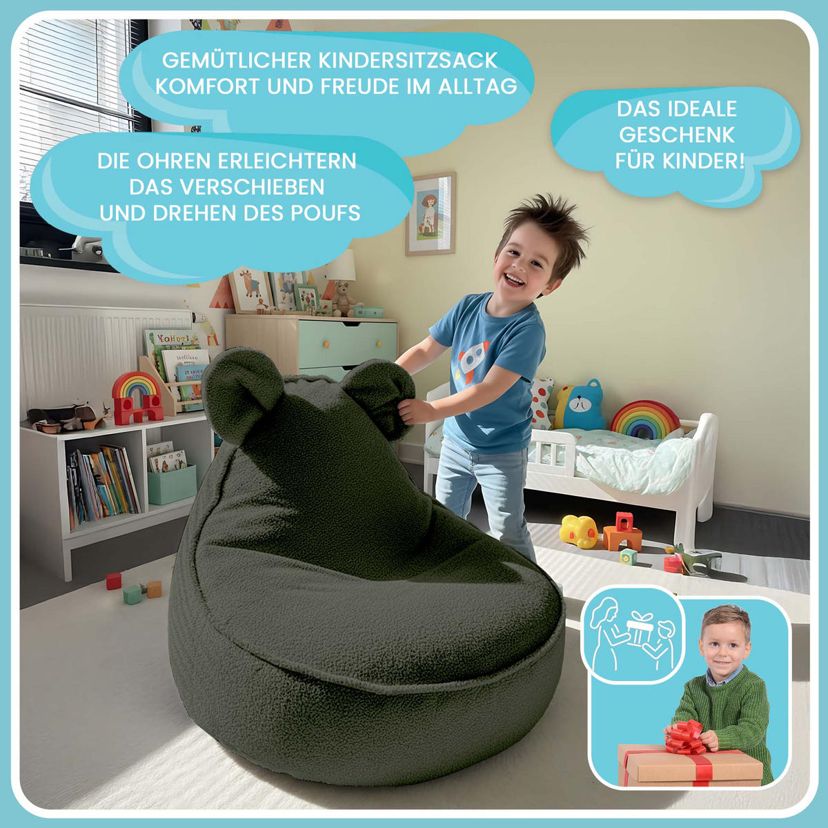 SITZSACK FÜR KINDER Maus 75/75/55 cm, weicher Bouclé 315 g/m², abnehmbarer Bezug, Forest Whisper - Dunkelgrün, Textil (75/55/75cm) - Dreamroots