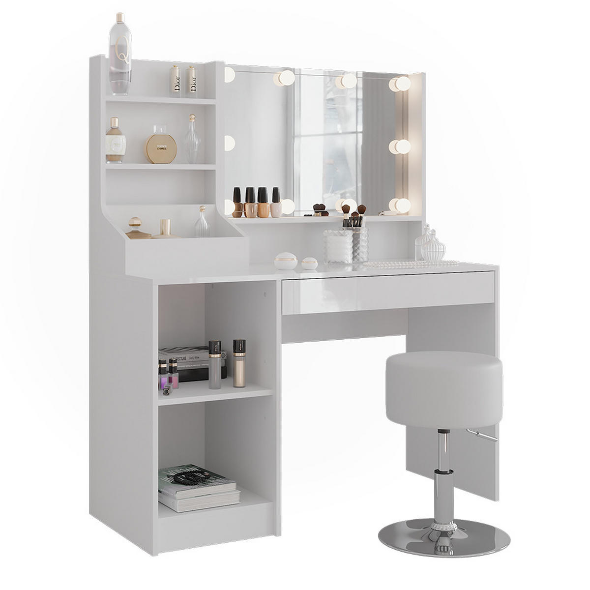 SCHMINKTISCH Sherry Weiß/Weiß Hochglanz 119.8 cm 5 Teile - Weiß Hochglanz, Holzwerkstoff (119.8/76/50.1cm) - Vicco