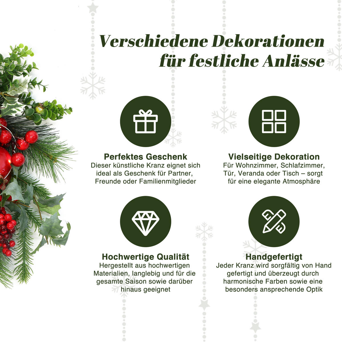 40CM Künstlicher Weihnachtskranz mit LED Beleuchtung & Timer - Grün, Kunststoff (44cm) - Hometopia