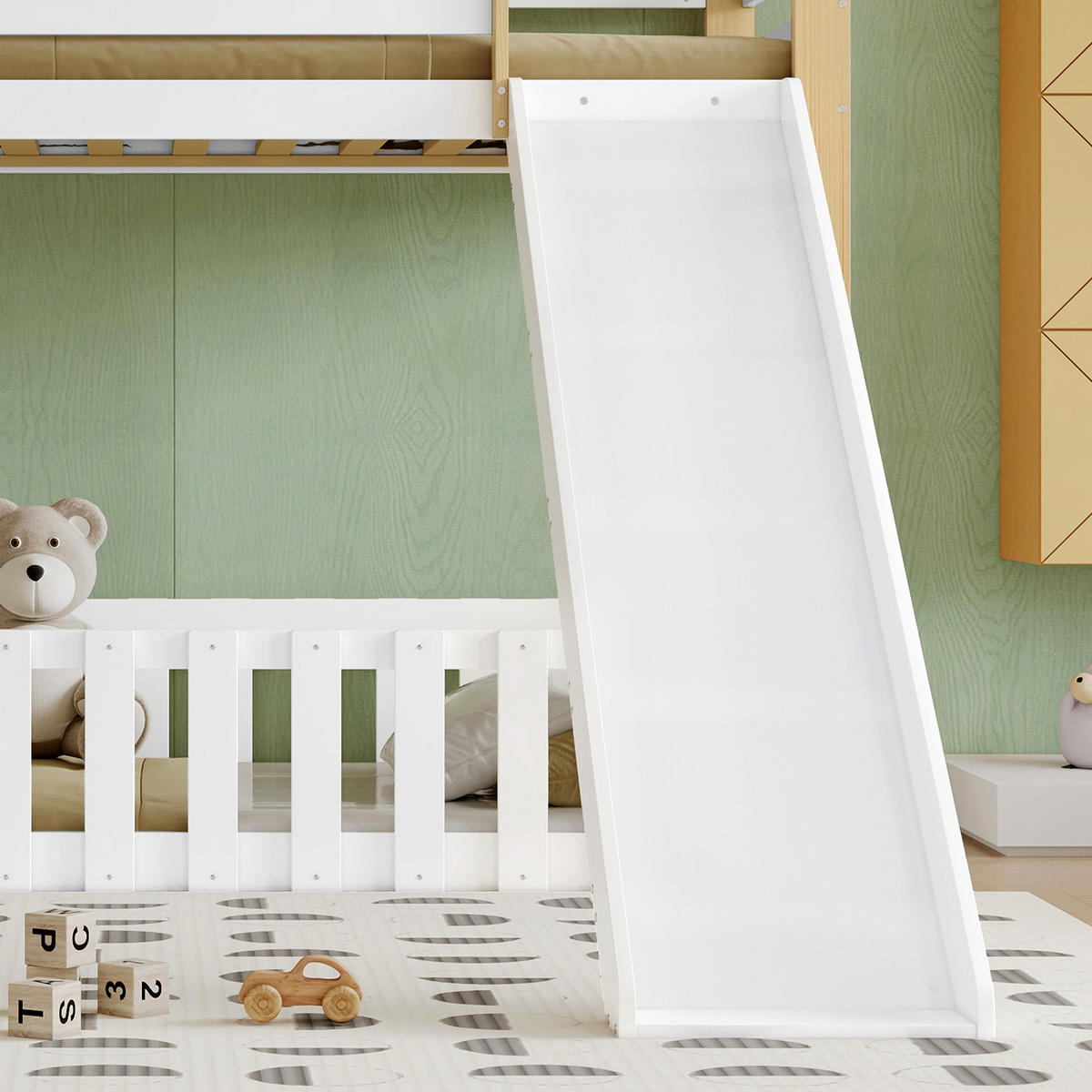 ETAGENBETT 90/200 cm in Weiß & Natur Kinderbett mit Rutsche, Leiter und Zaun im Dachdesign - Weiß/Naturfarben, Holzwerkstoff (90/200cm) - STILVORA