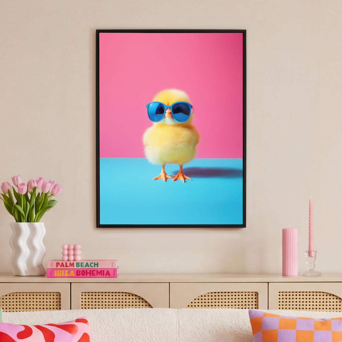 LEINWAND Bilder mit Rahmen - Chick - Sonnenbrille - Blau - 70x100 - Pink, Textil (70/100cm) - MuchoWow