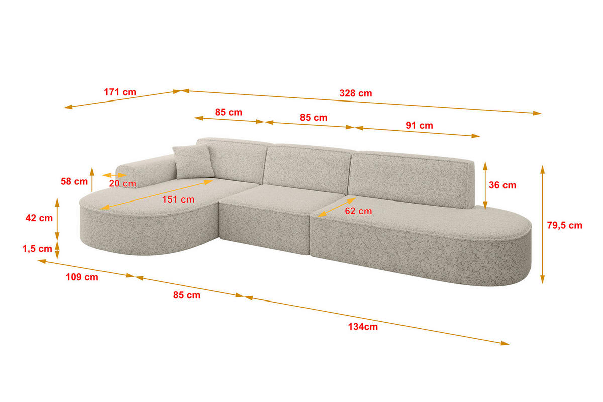 ECKSOFA Ottomane Links MARI-L2 - 328x171x79 cm Beige Tissu - Beige/Schwarz, Holzwerkstoff/Kunststoff (328/171cm) - ALTDECOR