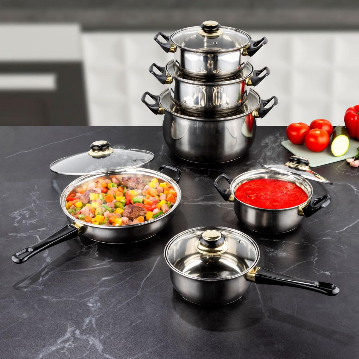 KOCHTOPF-SET 12tlg. aus Edelstahl mit Glasdeckel - Transparent, Metall - Haushalt International