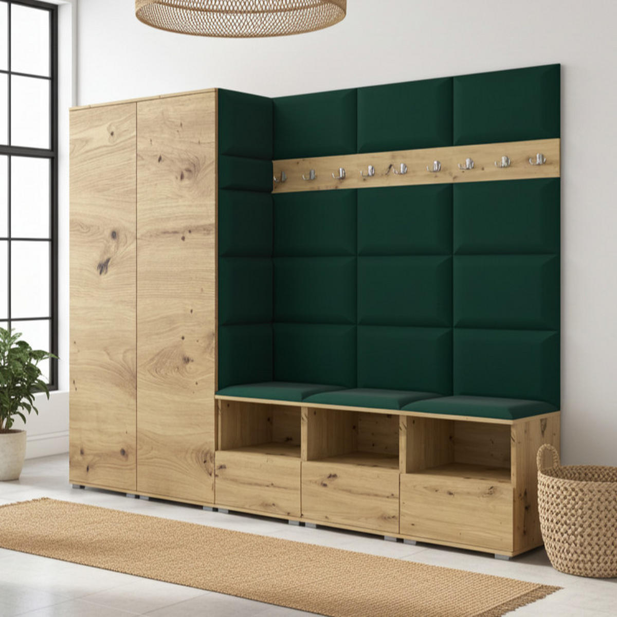GARDEROBE NELA VII 250 cm (Modulare Flurmöbel XL Artisan Eiche mit Sitzpolster Flaschengrün 28 2 Schränke) - Dunkelgrün/Silberfarben, Holz/Holzwerkstoff (250/187/40cm) - Ravio