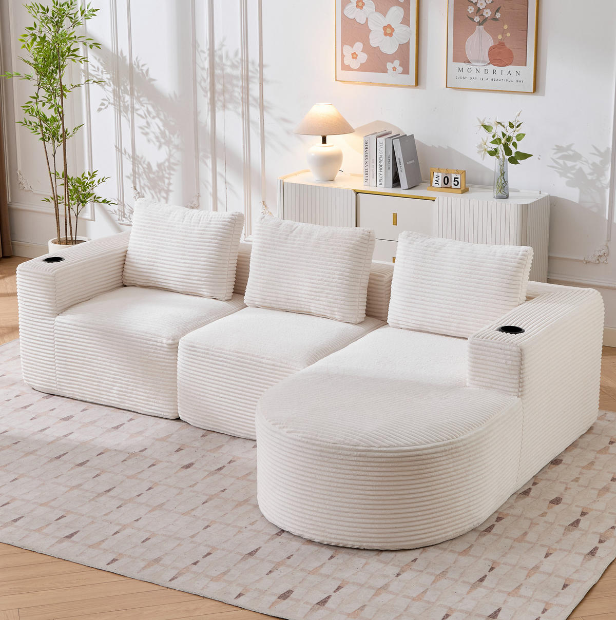 SOFA für kleine Räume Beige mit 3 Kissen und 2 Becherhaltern - Beige, Textil (176/265cm) - Meubliv