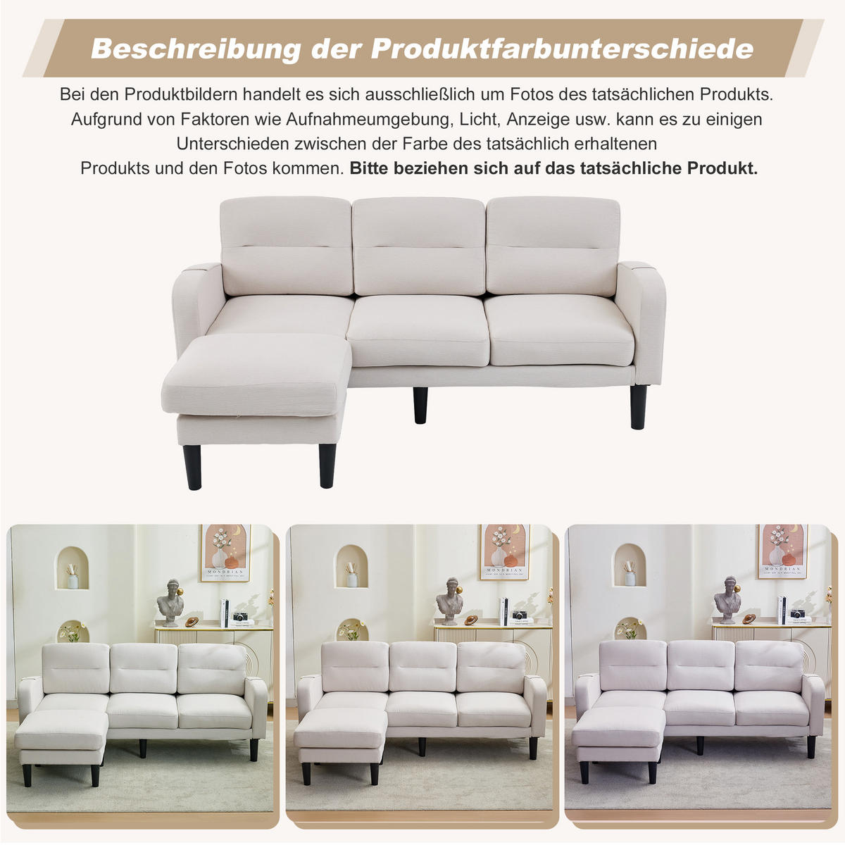 ECKSOFA L Form 3-Sitzer Chaiselongue Stauraum Tasche Beige 204cm - Beige, Textil (204/136cm) - FLIEKS