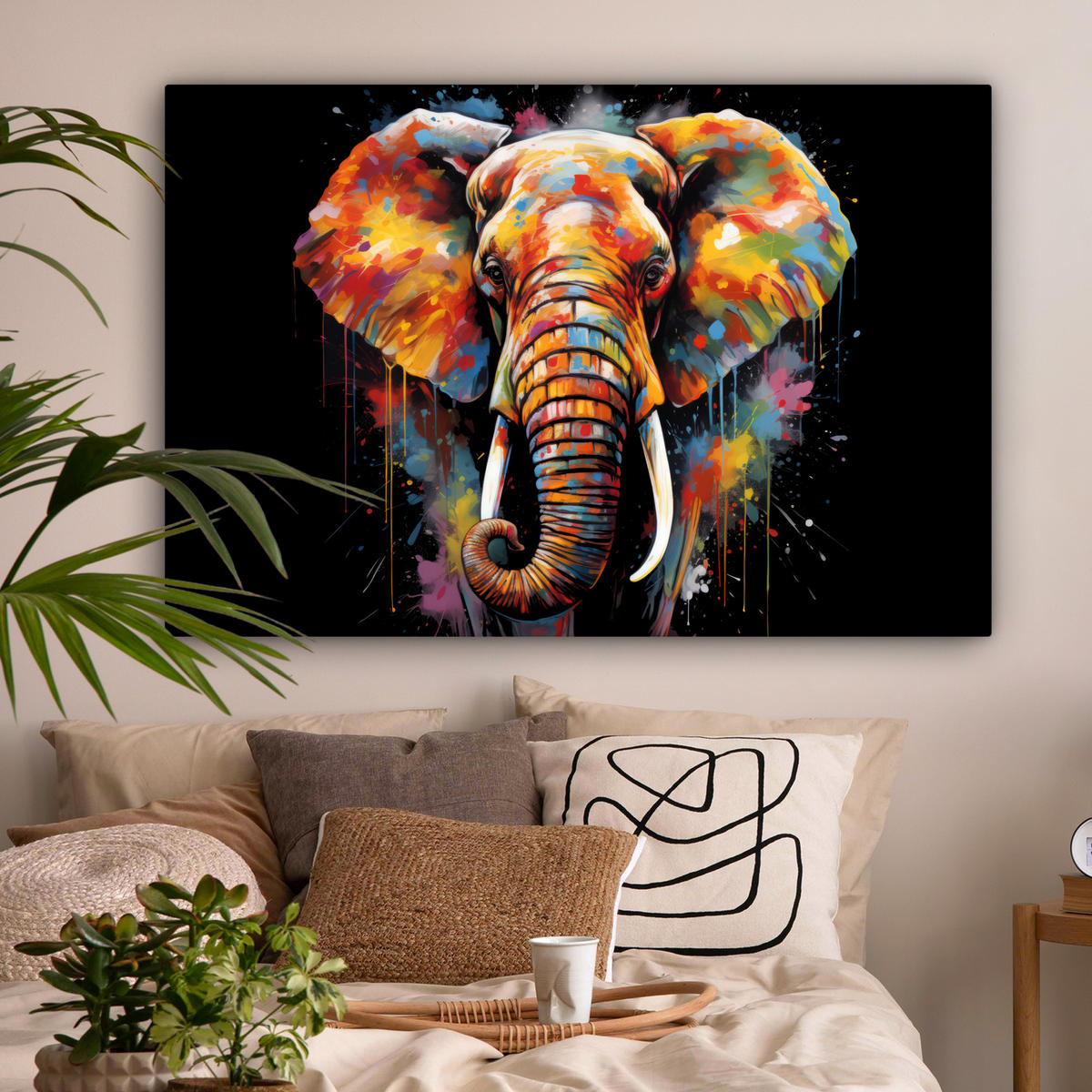 LEINWANDBILD Elefant - Graffiti - Schwarz - Tiere - Farben XXL 150x100 cm - Schwarz, Textil (150/100cm) - MuchoWow