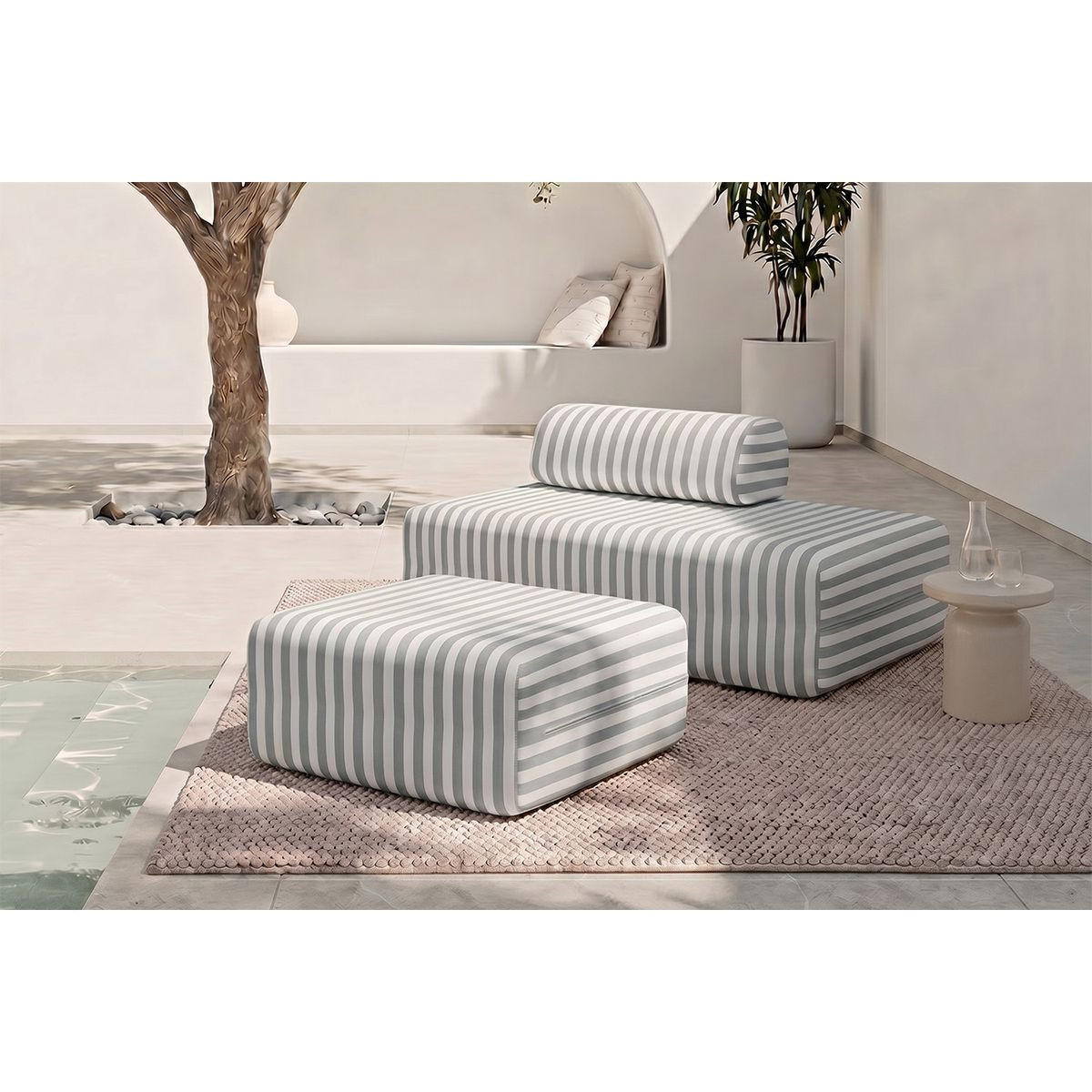 OUTDOOR-POUF mit Streifen, weiß und grau - Grau, Textil (95/42/95cm)