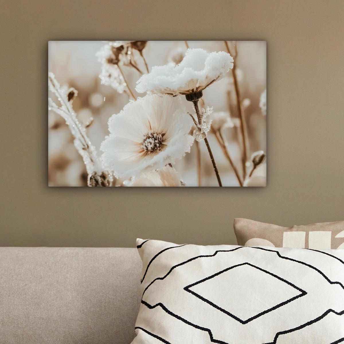 LEINWANDBILD Blumen - Winter - Weiß - Schnee - Beige 30x20 cm - Creme, Textil (30/20cm) - MuchoWow