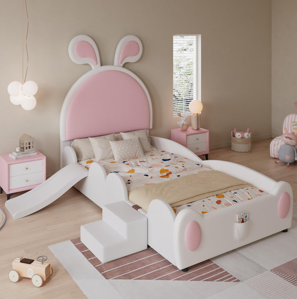 KINDERBETT 90/200 cm mit Rutsche, Treppe und Hasenohren-Kopfteil aus PU, Weiß/Rosa - Rosa, Kunststoff (90/200cm) - Redom