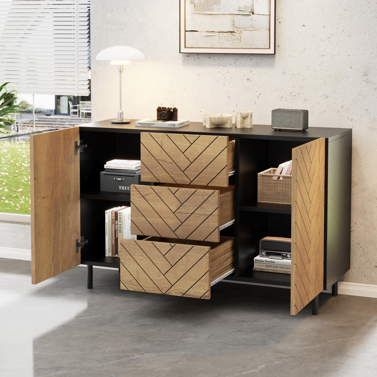 SIDEBOARD Schwarz und Holzfarben 120/40/76 cm - Naturfarben, Holzwerkstoff (120/76/40cm) - PANGIVO