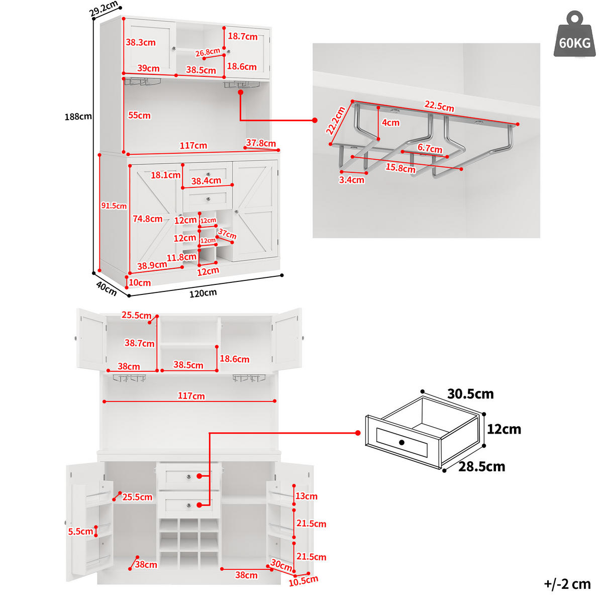 HIGHBOARD in Weiß mit Weinregal, Glashalter & Mikrowellenfach - Weiß, Holzwerkstoff (106/179/40cm) - Urban Meuble