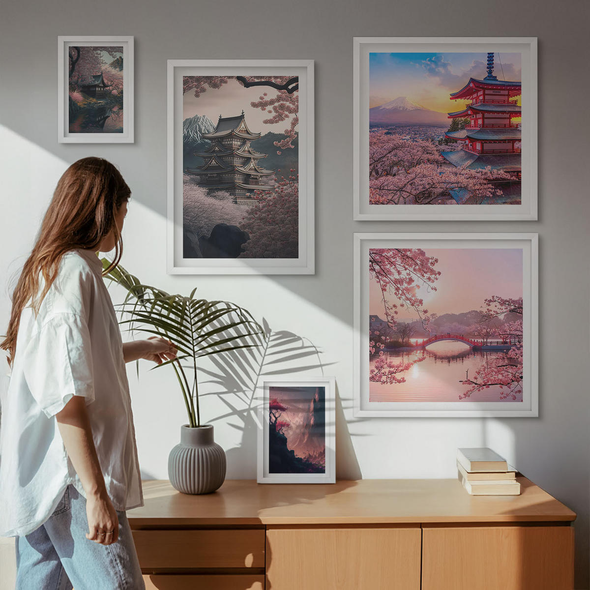 BILDER SET 5er Set - 50x50 cm & 20x30 cm & 40x60 cm Weißer Rahmen - Fantasielandschaften Japans - Weiß, Kunststoff (40/60cm) - TULUP