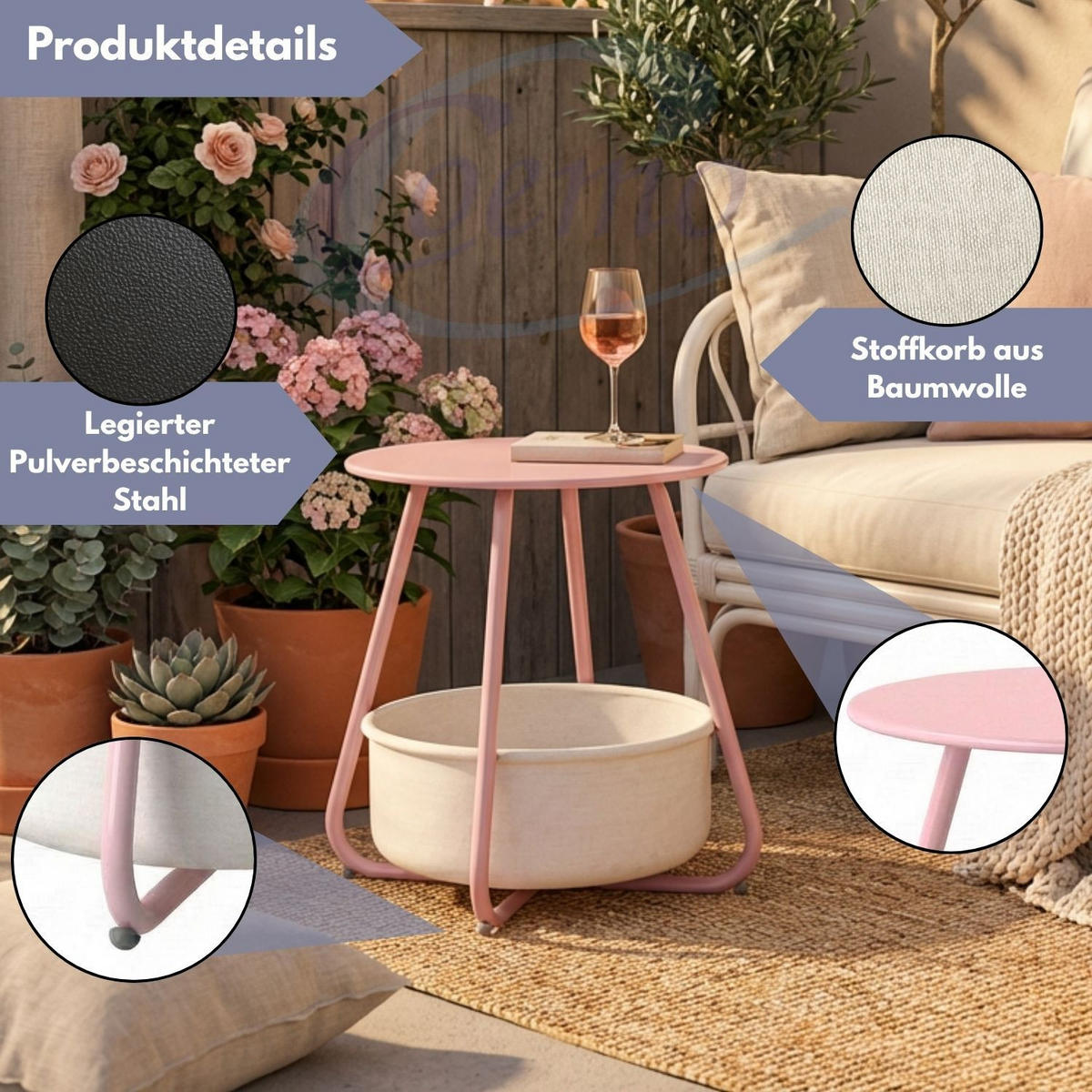 COUCHTISCH KOSI Metall mit Aufbewahrungskorb Canvas Pink - Rosa, Metall (50/50/45cm) - Coemo