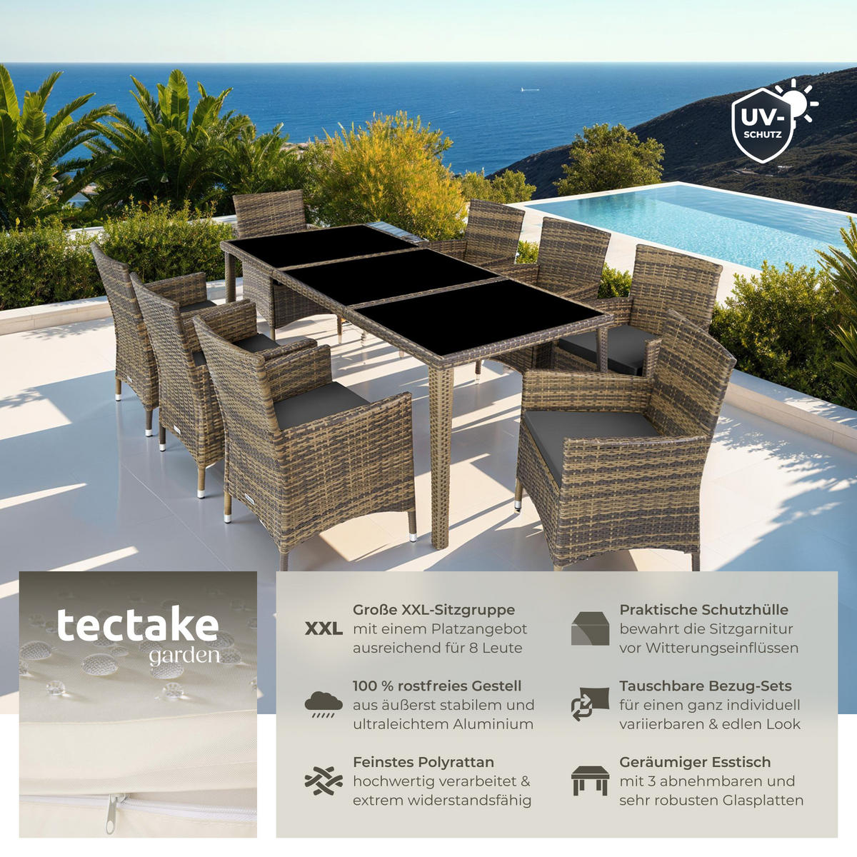RATTAN SITZGRUPPE Menorca,2 Bezugssets, inklusive Schutzhülle,natur - Naturfarben, Kunststoff - tectake