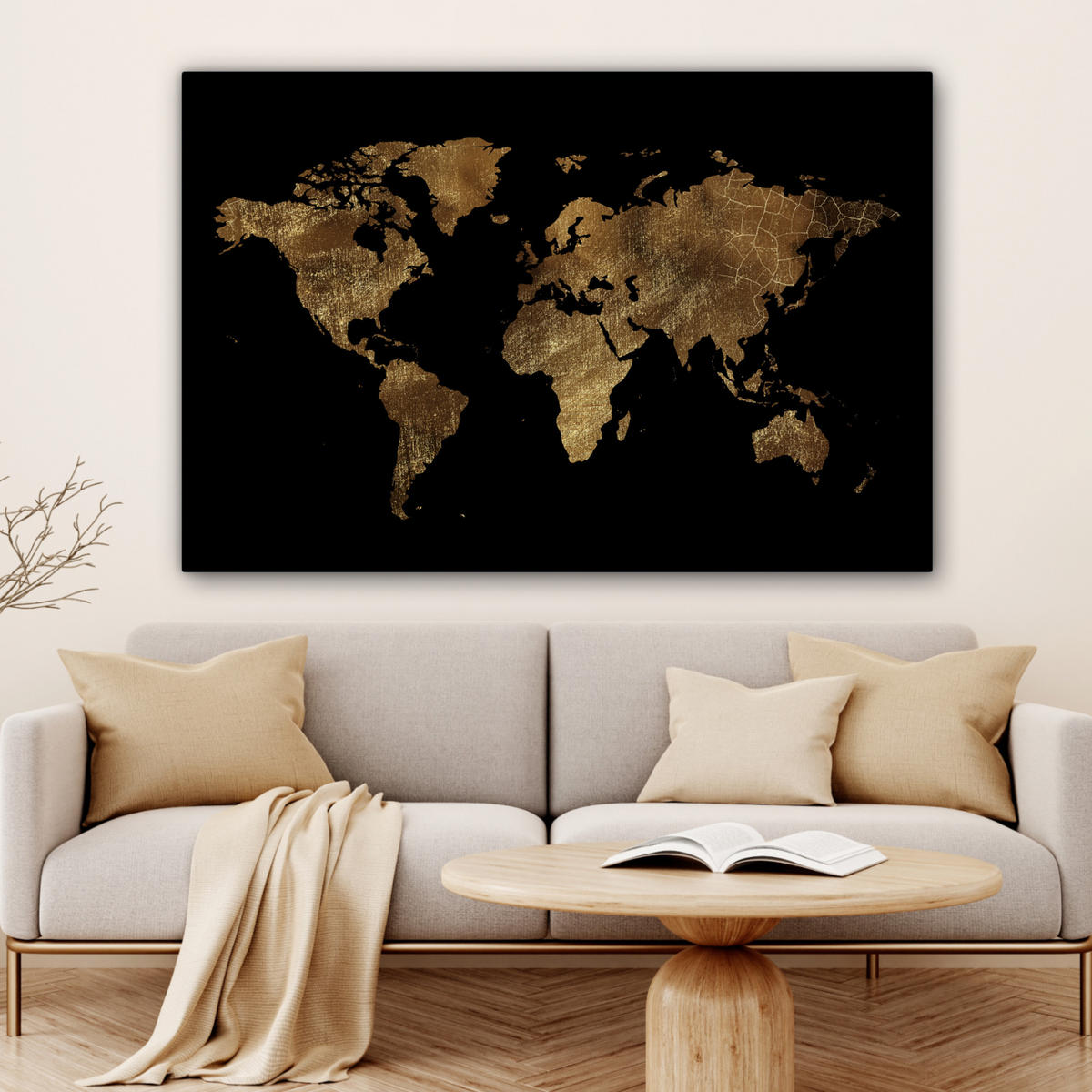 LEINWANDBILD Weltkarte - Gold - Luxus - Erde - Schwarz Wohnzimmer Groß 120x80 cm - Goldfarben, Textil (120/80cm) - MuchoWow
