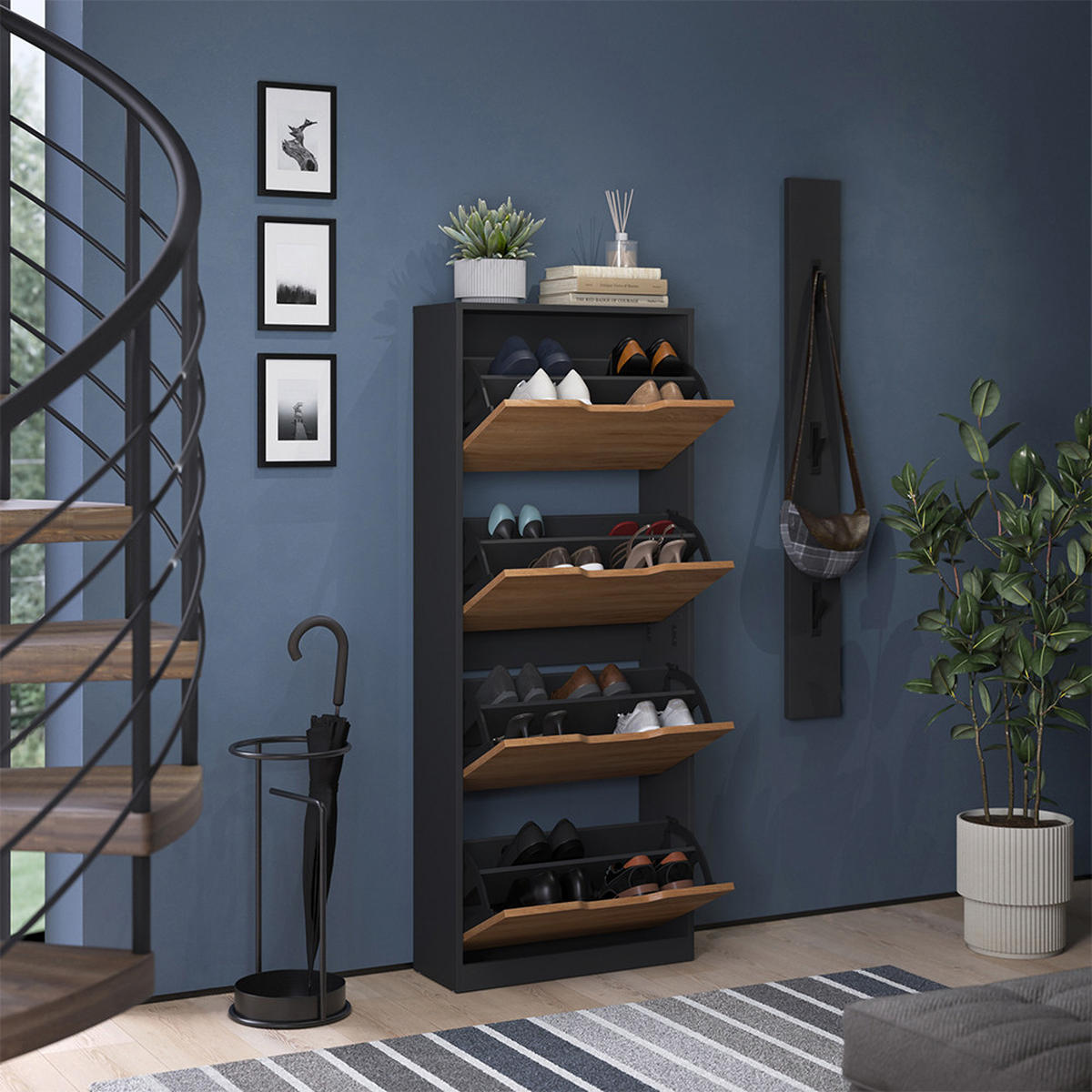 SCHUHKIPPER Luca, Anthrazit/Goldkraft Eiche, 59 x 146 cm mit 4 Kippfächern - Honigeiche/Anthrazit, Holzwerkstoff (59/146/22cm) - Vicco