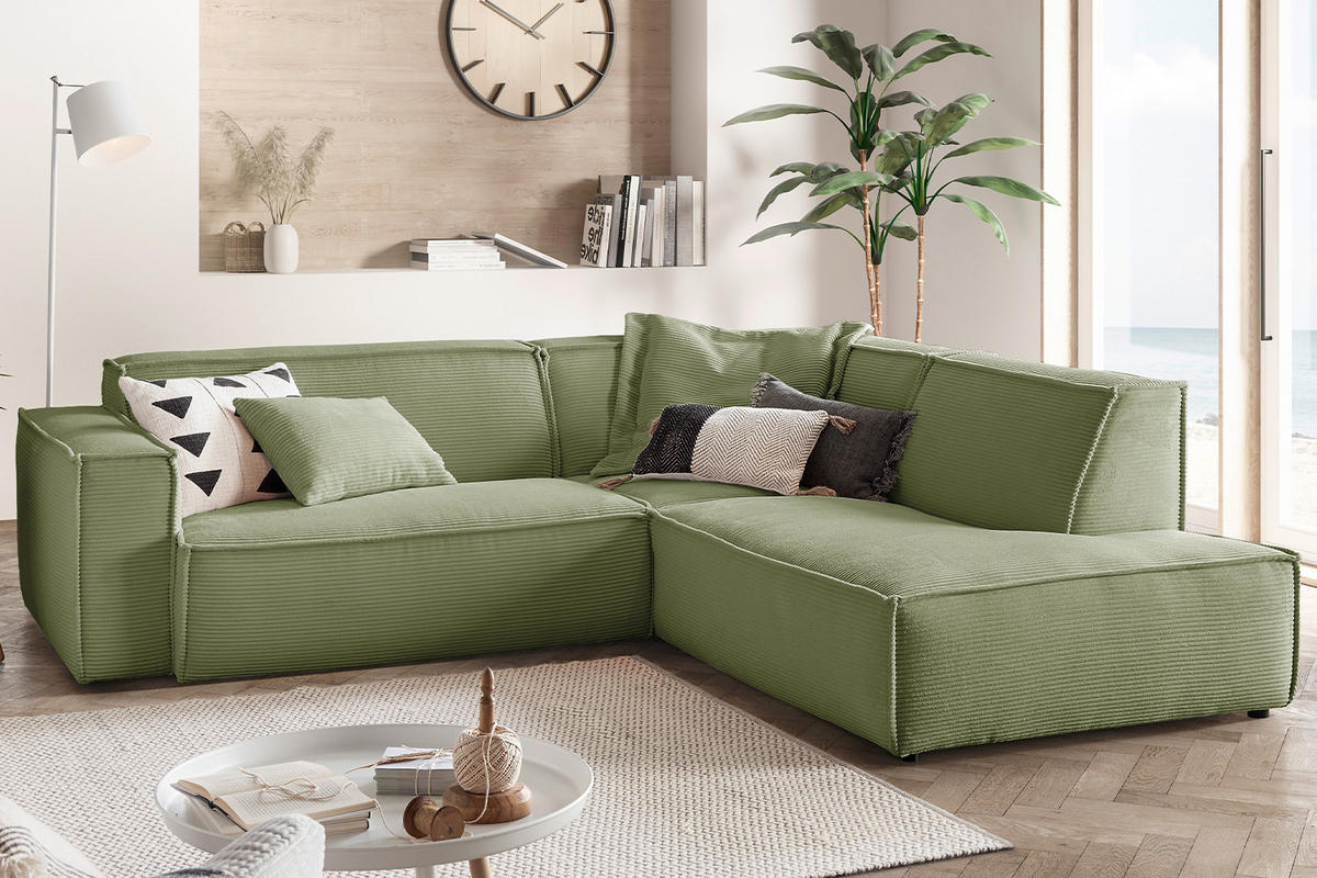 ECKSOFA SAMU Grün Cord - Schwarz/Grün, Textil (254/224cm) - KAWOLA