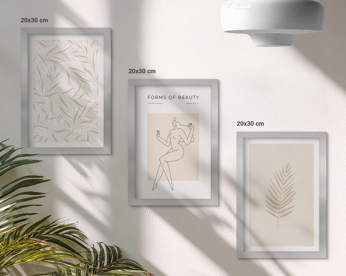 BILDER SET 3er Set - 20x30 cm Silberner Rahmen - Minimalistische botanische Motive - Silberfarben, Kunststoff (20/30cm) - TULUP