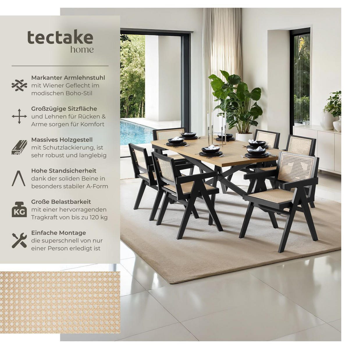 ARMLEHNSTUHL 2er Set Lissy,59 x 56,5 x 82,5 cm, Belastbarkeit 120 kg,schwarz - Schwarz, Holz (59.5/82.5/56.5cm) - tectake